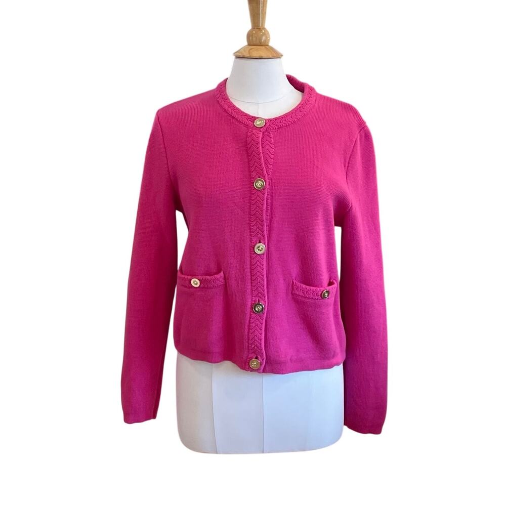 J.Crew Factory Bright Pink Lady Jacket Cardigan Sweater, Gold Buttons, Size L